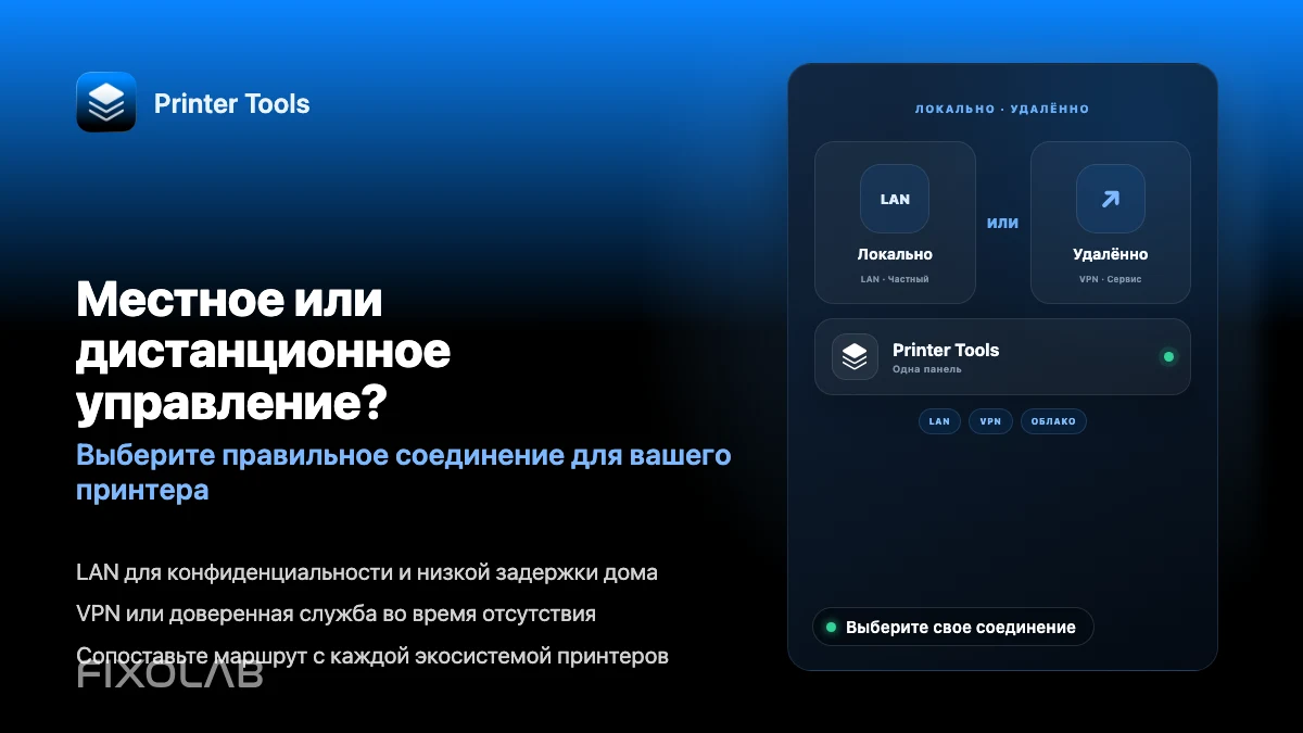 Выбор локального управления 3D-принтером или удалённого доступа через VPN, OctoEverywhere, Obico и облако
