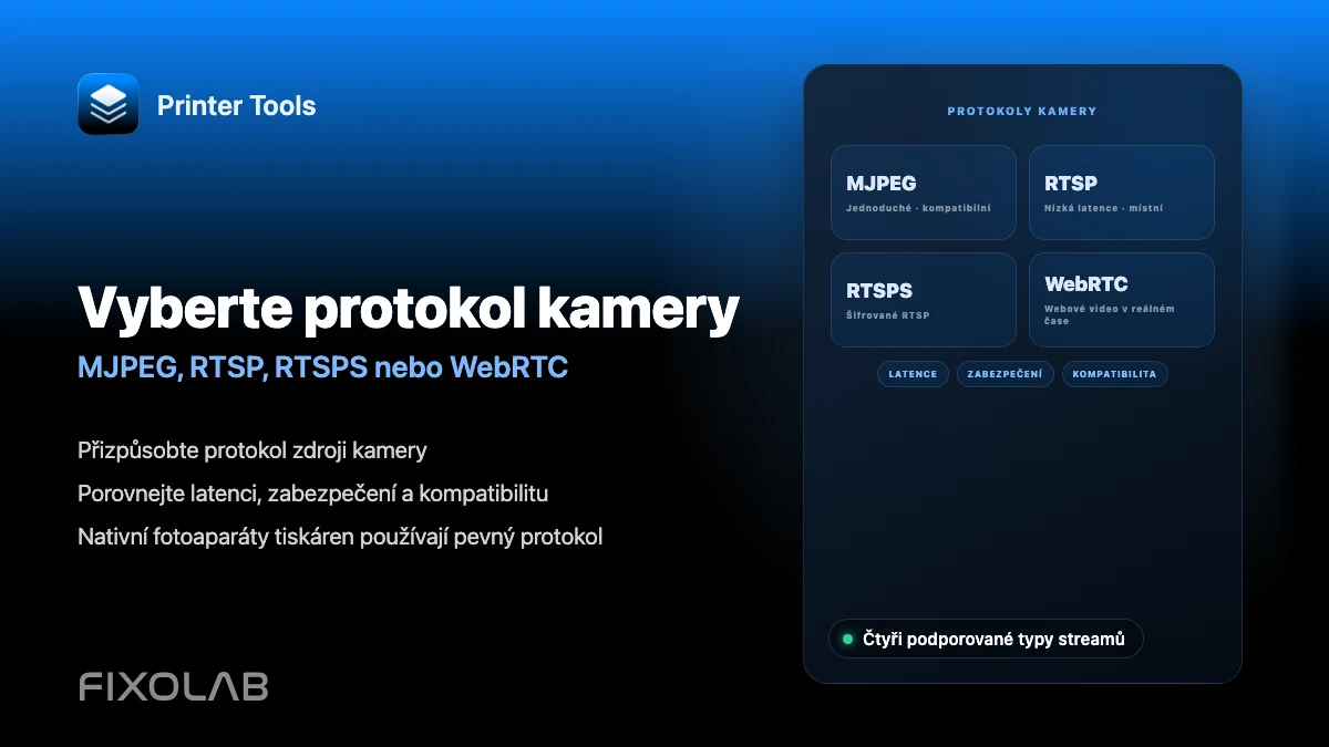 Výběr MJPEG, RTSP, RTSPS nebo WebRTC pro kameru 3D tiskárny