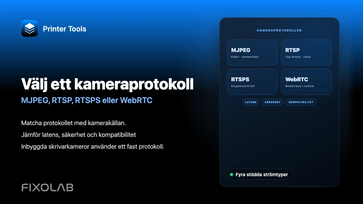 Att välja MJPEG, RTSP, RTSPS eller WebRTC för en 3D-skrivarkamera