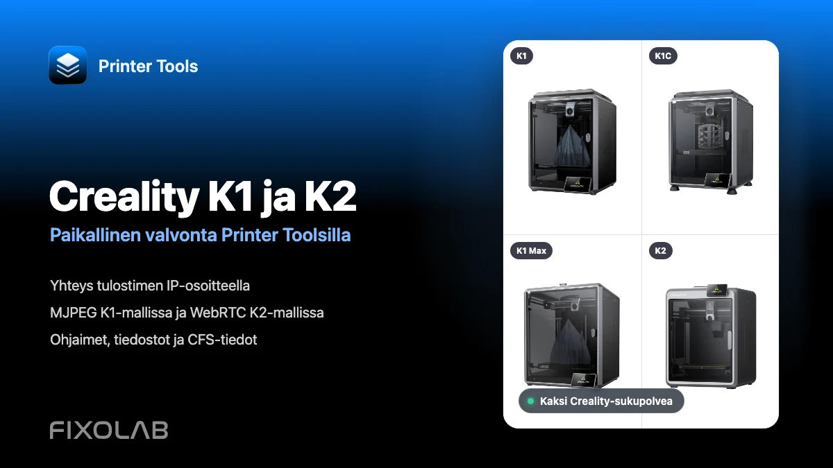 Creality K1, K1C, K1 Max ja K2 yhdistäminen Printer Tools sovellukseen LAN verkon kautta