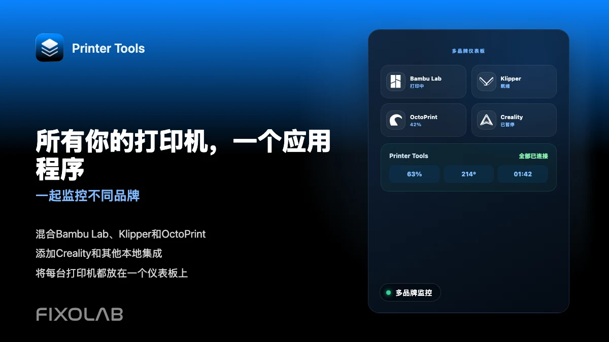 如何在一个应用中监控来自不同品牌的多台 3D 打印机