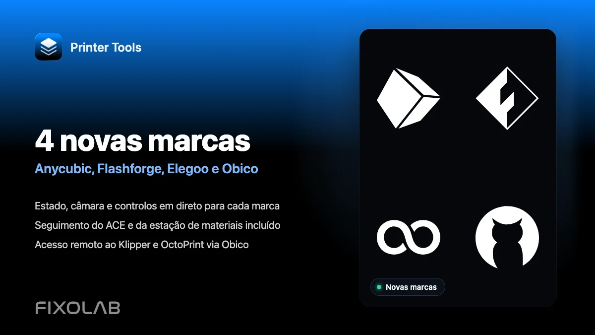 O Printer Tools já é compatível com Anycubic, Flashforge, Elegoo e Obico